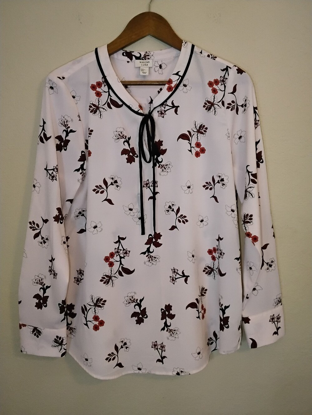 Marina Luna Tie Neck Blouse Womens Large Pink Red Floral Feminine Cottagecore